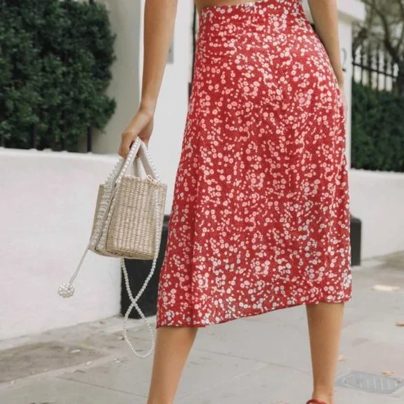 Boho ditsy floral print midi slit skirt GREEN - Picture 12 of 14